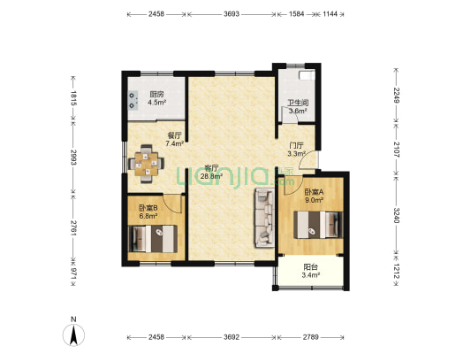 世纪新村南区 2室2厅1卫 80平方