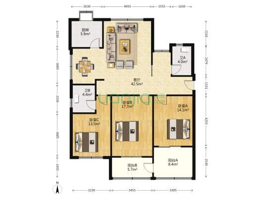 利民公寓1 3室1厅2卫 142平方