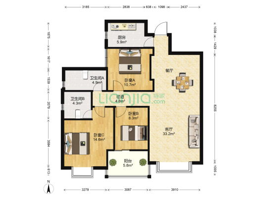 东湖广场 3室1厅2卫 124平方