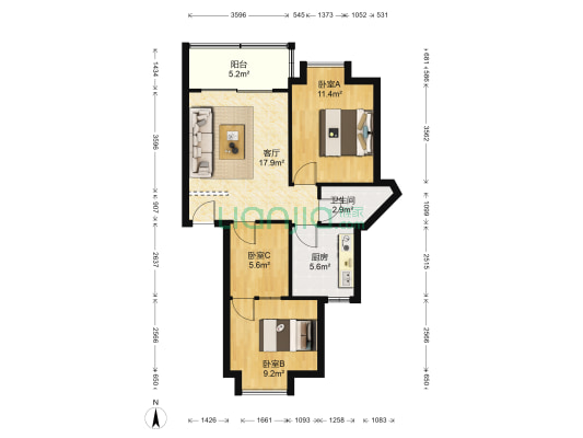 泰然花园 3室1厅1卫 67平方