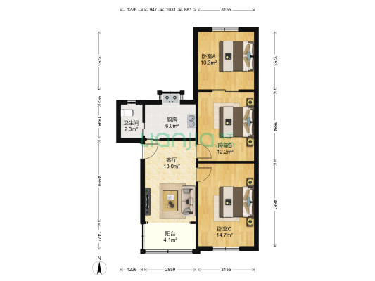 湖南省花鼓戏剧院 3室1厅1卫 74平方