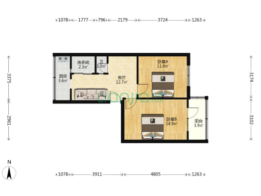 储运公司小区 2室1厅2卫 61平方