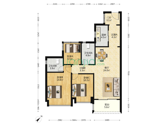 亚运城天韵 3室1厅2卫 103平方