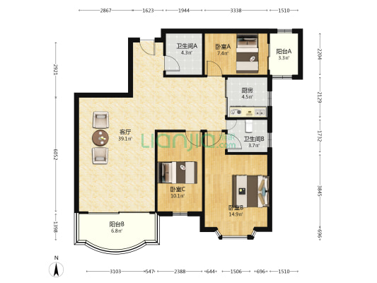 愉景大厦 3室1厅2卫 118平方