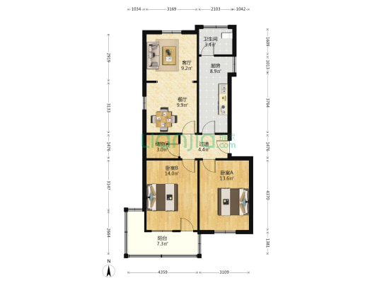 省国防工办宿舍 2室2厅1卫 83平方