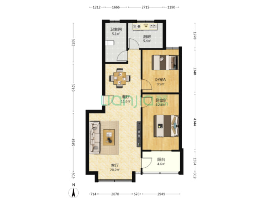 天乙花苑 2室2厅1卫 86平方