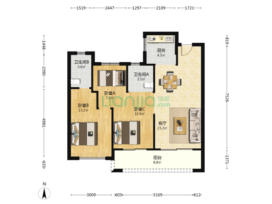 楠华景园 3室1厅2卫 98平方