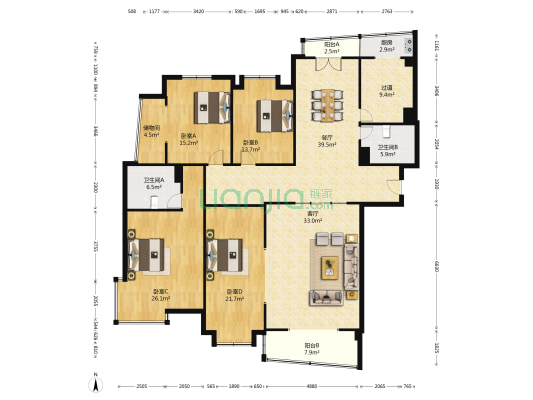地王国际花园 4室2厅2卫 233平方
