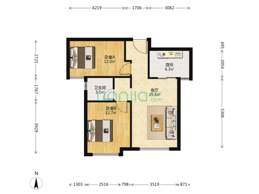 秀拉花园 2室1厅1卫 86平方