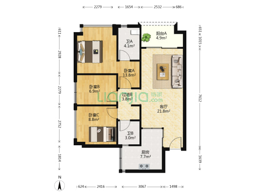 招商汀兰轩一期 3室1厅2卫 93平方