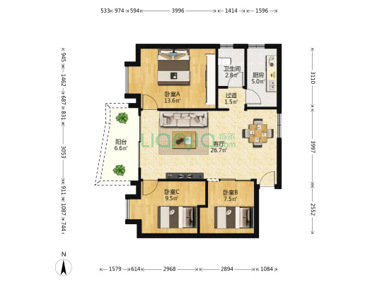 景富明珠 3室1厅1卫 91平方