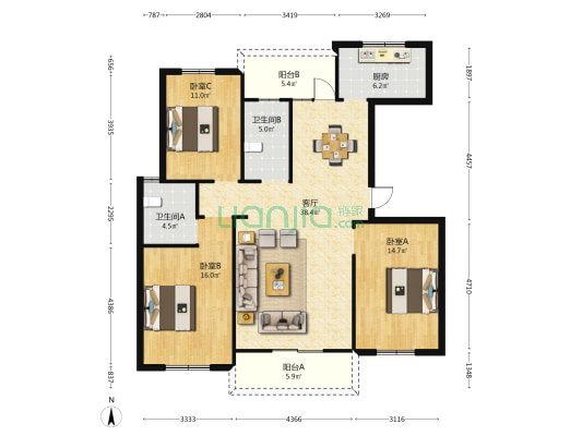 富洲花园 3室1厅2卫 128平方