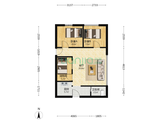 三弦海上金街 2室1厅1卫 100平方