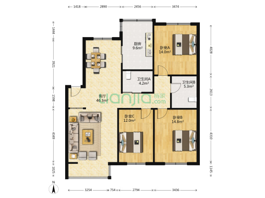 御泉花园 3室1厅2卫 129平方