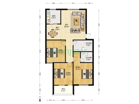 美岐小区 3室2厅2卫 129平方