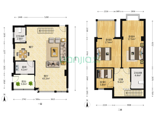 莲福广场 3室1厅2卫 106平方