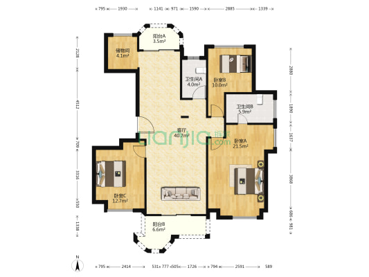 港城大厦 3室1厅2卫 140平方