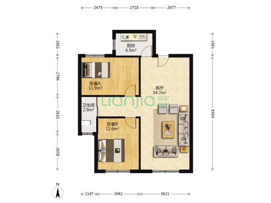 卓扬北湖湾A区 2室1厅1卫 98平方