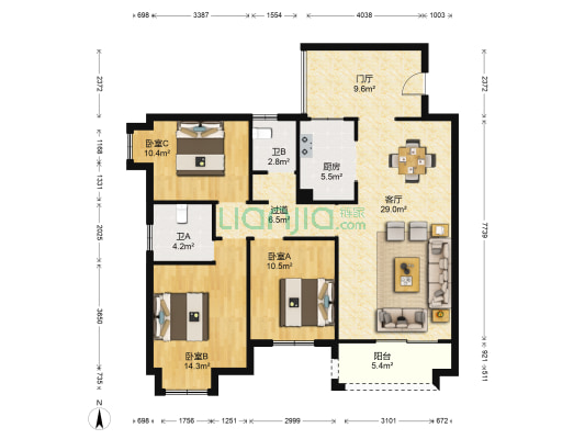 宽庭锦秀名都 3室1厅2卫 119平方