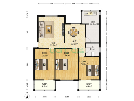 石风路1号 3室2厅1卫 139平方