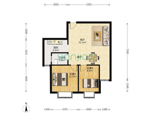 天熹苑 2室1厅1卫 77平方
