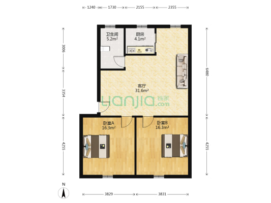 三里亭 2室1厅1卫 83平方