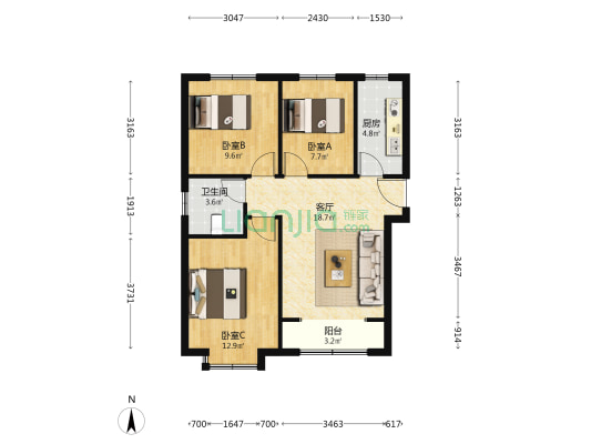 宏程华苑 3室1厅1卫 86平方