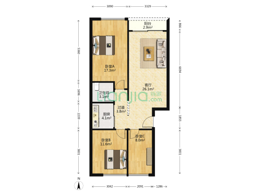 誉满轩 3室1厅1卫 91平方