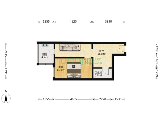 兆麟街（胜利桥北商圈） 1室1厅1卫 42平方