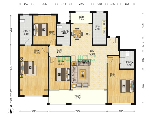 海龙钰苑 4室1厅3卫 195平方