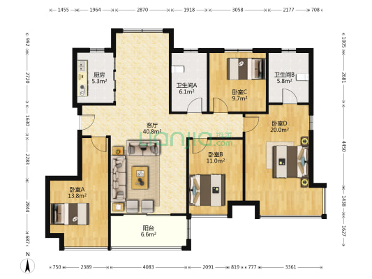 华盛大运城3期 4室1厅2卫 133平方