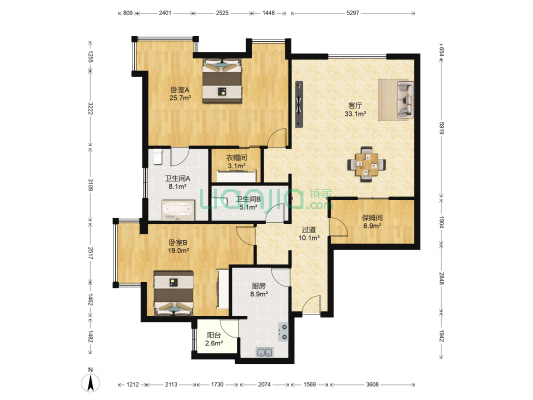 棕榈泉国际公寓 2室1厅2卫 175平方