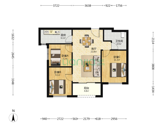 璟宸尊域府 3室1厅1卫 92平方