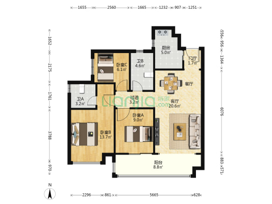 保利紫晨花园 3室1厅2卫 102平方