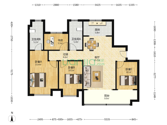 五矿·万境松雅 4室1厅2卫 125平方