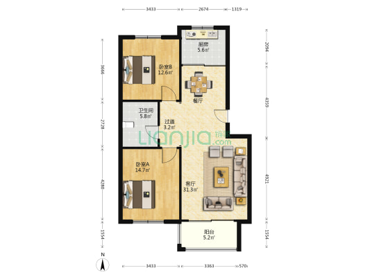 信特名苑 2室1厅1卫 96平方