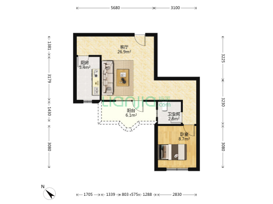 红旗海华新村 1室1厅1卫 57平方