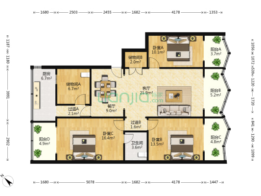 大学路公寓 3室2厅1卫 127平方
