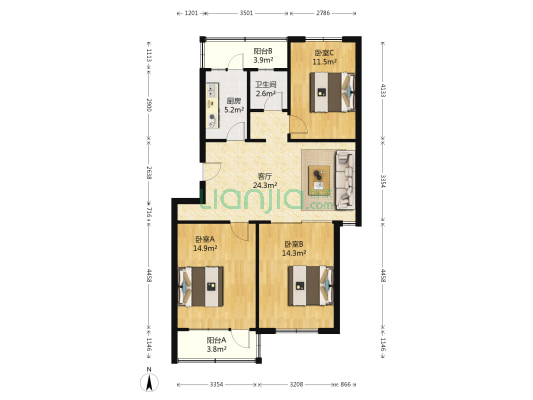山东省实验中学东校区宿舍 3室1厅1卫 98平方