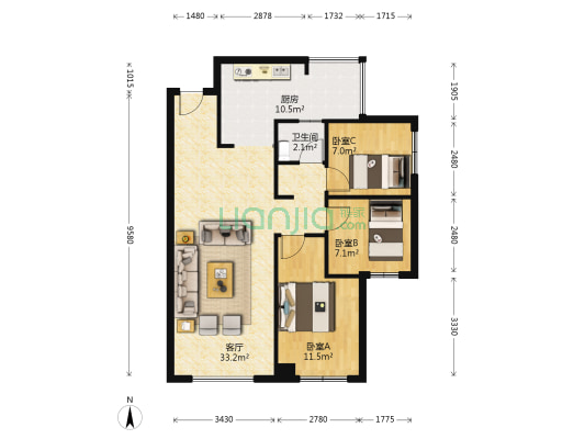 凯悦春天 3室1厅1卫 88平方