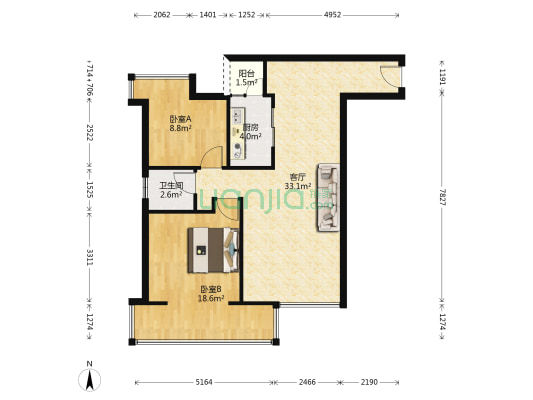 艾佳上邸 2室1厅1卫 77平方