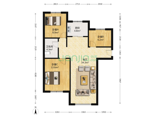 K2狮子城南区 3室1厅1卫 94平方