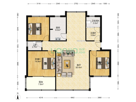 市环保局宿舍 3室1厅2卫 124平方