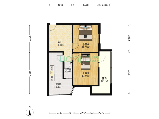 玉林北路1号 2室1厅1卫 60平方