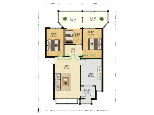 国贸路949号 3室1厅1卫 80平方