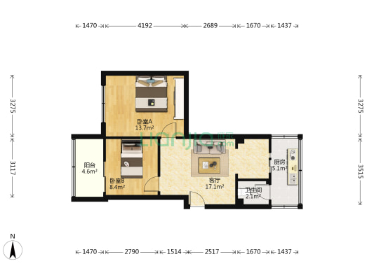 罗家碾街85号 2室1厅1卫 56平方