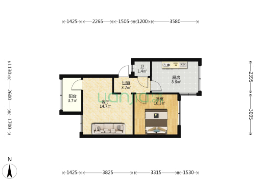 青龙路 1室1厅1卫 43平方