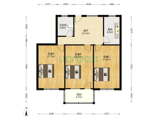 小校场2号 3室1厅1卫 100平方