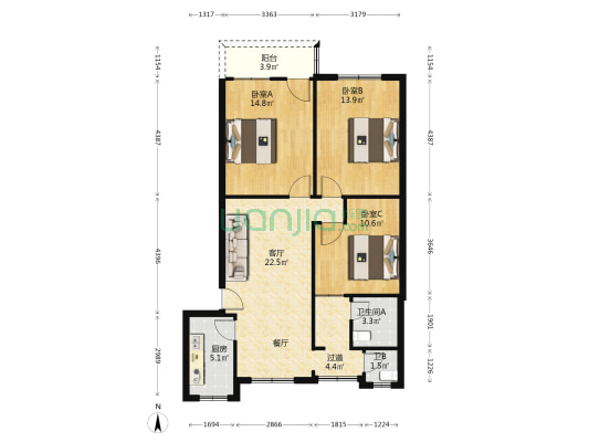  3室1厅2卫 84平方