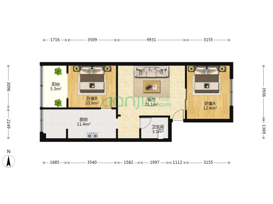 沙湾东二路4号 2室1厅1卫 76平方